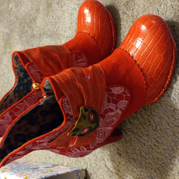 ✨RED & PINK LACE & GLITTER MIAOW IRREGULAR CHOICE ANKLE BOOTS size 43, US 10/11✨ - Picture 7 of 12